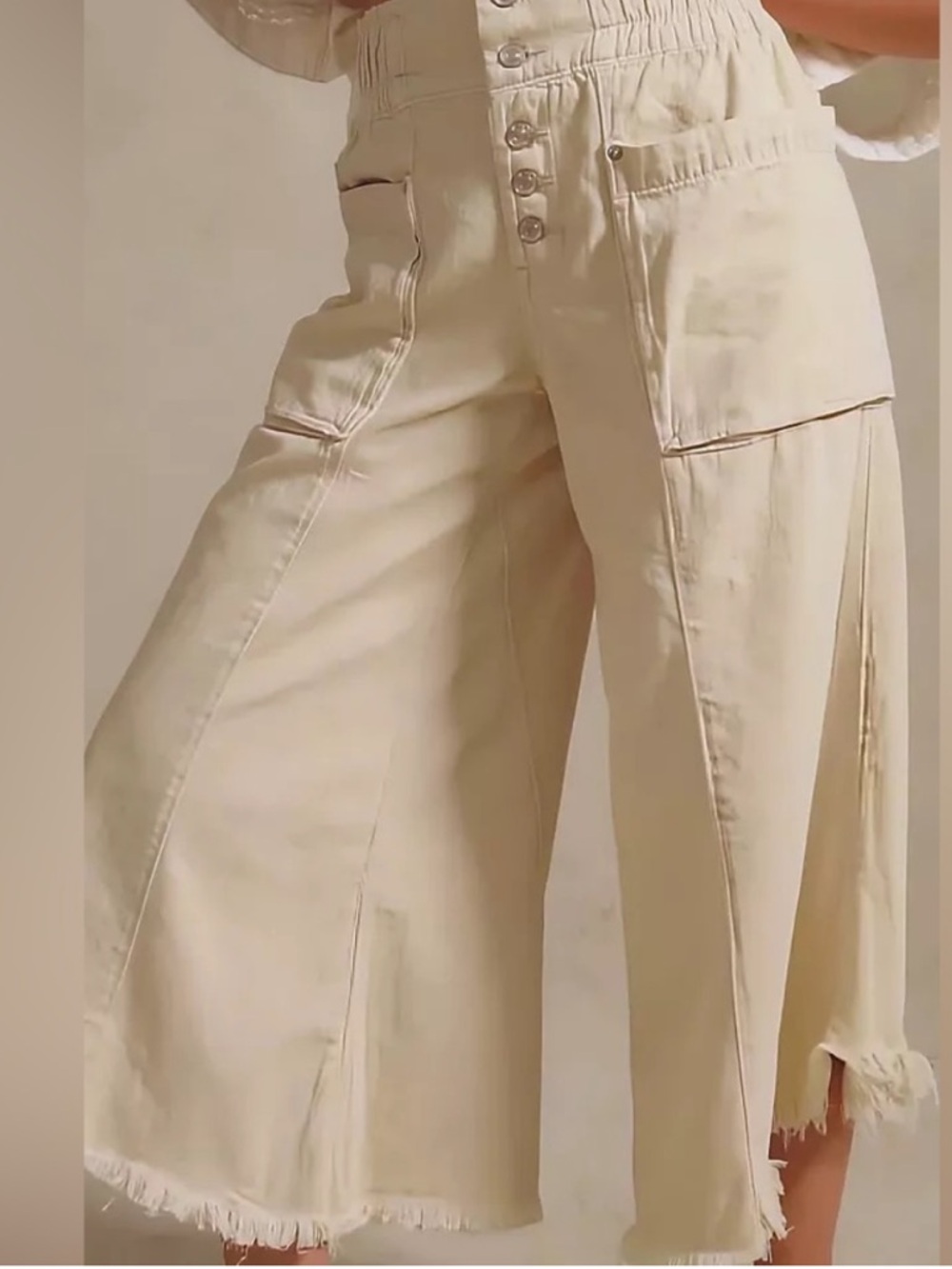 Free People Cream Wide-Leg Fringe Hem Pants